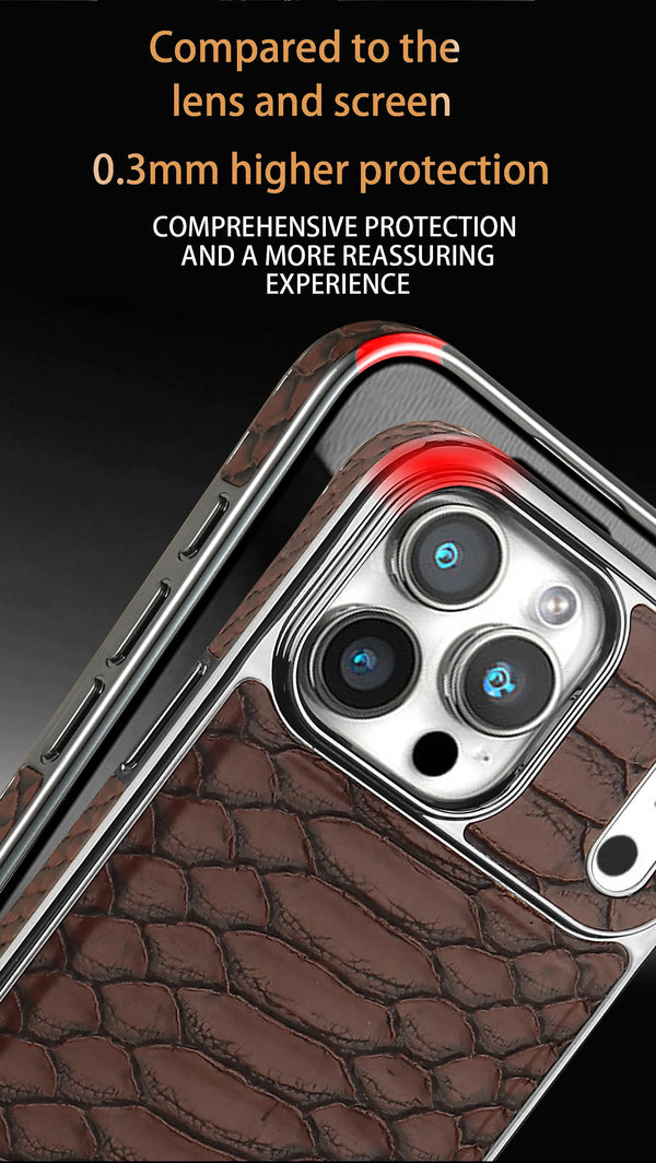 Brown snake-texture iPhone case with polished framing and raised camera edge