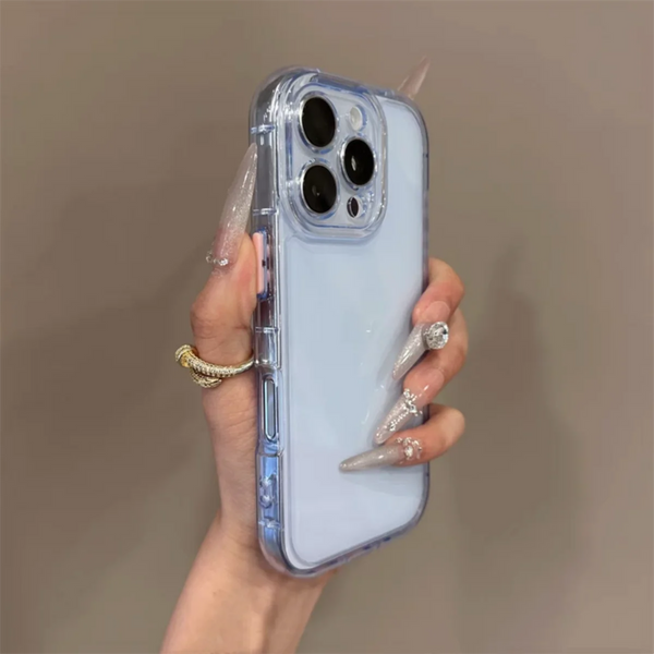 Blue clear iPhone case with camera cutout detail and cushioned edges