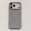 Gray ultra thin matte iPhone case with orange camera frame and magnetic ring shown on a flat lay.