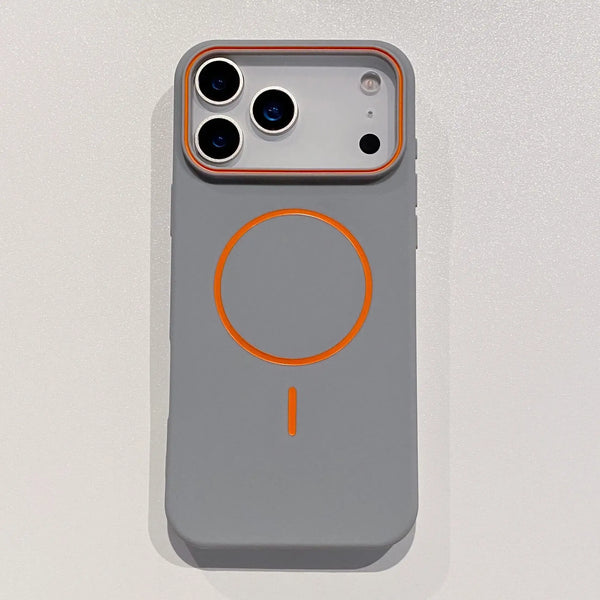 Gray ultra thin matte iPhone case with orange camera frame and magnetic ring shown on a flat lay.