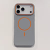 Gray ultra thin matte iPhone case with orange camera frame and magnetic ring shown on a flat lay.