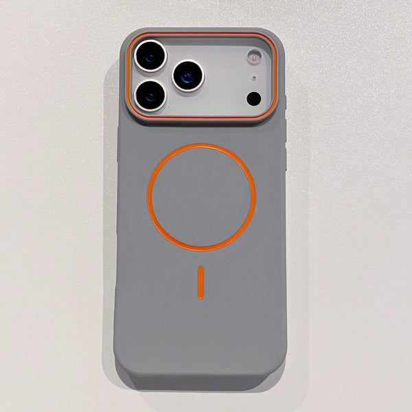 Gray ultra thin matte iPhone case with orange camera frame and magnetic ring shown on a flat lay.