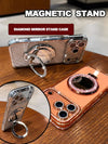 Silver diamond mirror iPhone case with magnetic stand on a table
