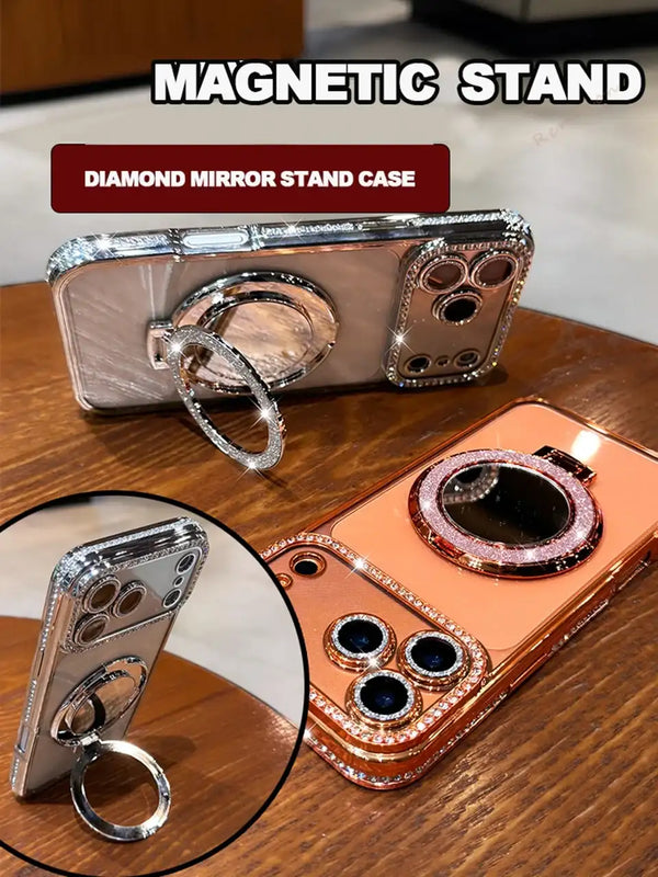 Silver diamond mirror iPhone case with magnetic stand on a table