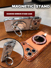 Silver diamond mirror iPhone case with magnetic stand on a table