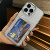Close rear view of clear wallet case holding a card inside the acrylic slot