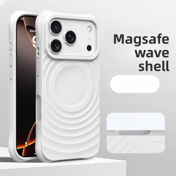 White wave-textured silicone iPhone case shown with raised sculpted finish and side buttons.