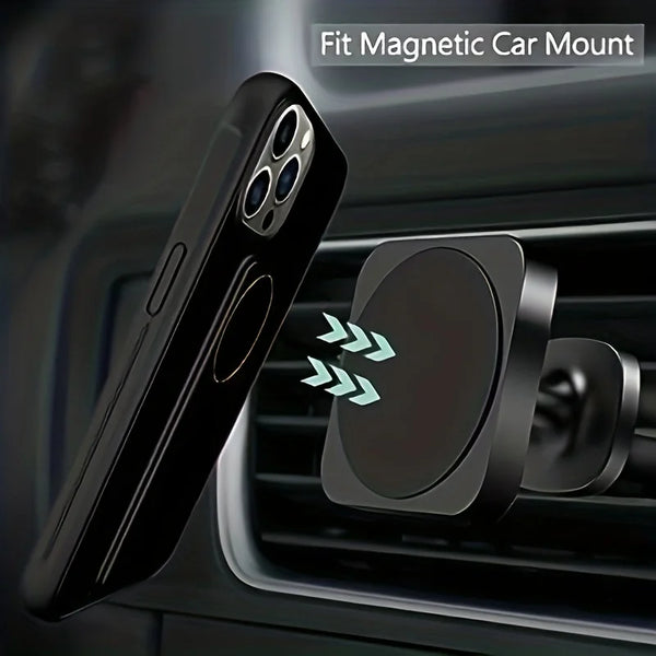 Black iPhone case aligned with a magnetic car mount for attachment convenience