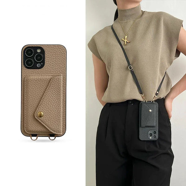 Blue textured iPhone case with lanyard and card pocket