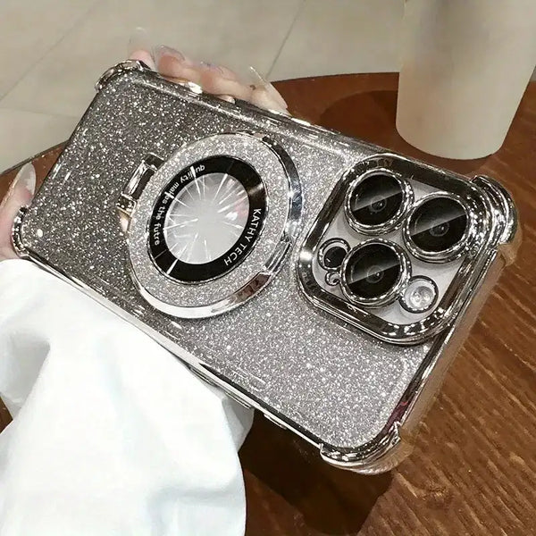 Silver glitter iPhone case with magnetic-ready holder and raised camera area.