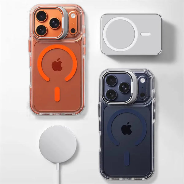 Orange-accent clear bumper case displayed with magnetic ring alignment and wireless charging accessory