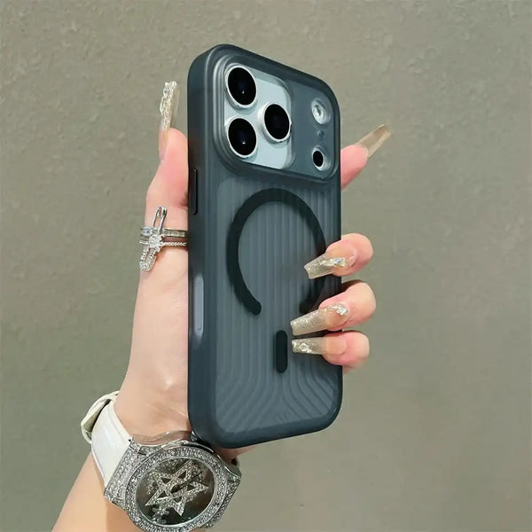 Dark matte corrugated iPhone case with black magnetic circle detail
