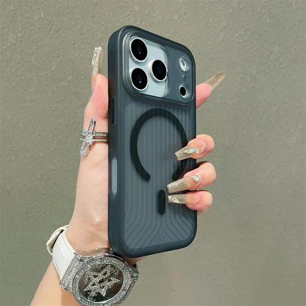 Dark matte corrugated iPhone case with black magnetic circle detail