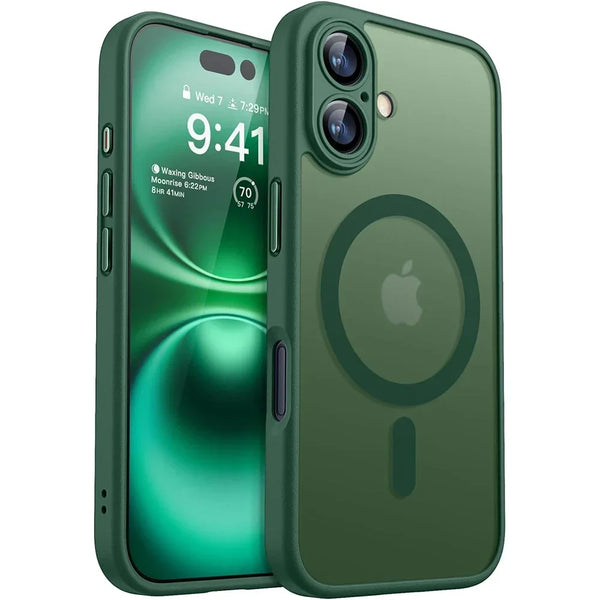 Green matte translucent iPhone 16 case with magnetic ring detail and raised camera guard