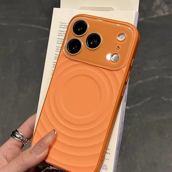 Orange water ripple iPhone case angled to show the textured back and camera guard.
