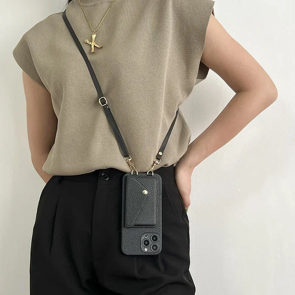 Leather Lanyard Card Holder Case for iPhone with Crossbody Strap
