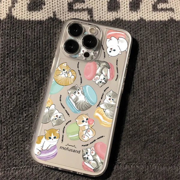 Transparent cute cat iPhone case shown on a phone with playful cat artwork and clear TPU finish.