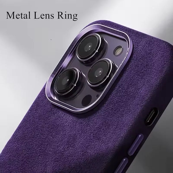 Purple suede-style iPhone case close-up highlighting the metal lens ring and soft texture