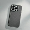 Grey textured iPhone case laid flat, showing the slim profile and carbon-style surface finish
