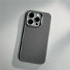 Grey textured iPhone case laid flat, showing the slim profile and carbon-style surface finish