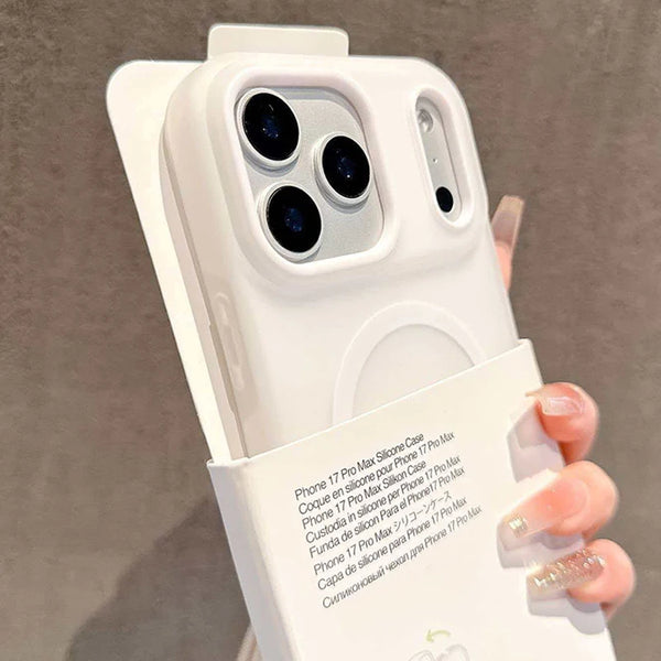 White magnetic iPhone 17 Pro Max case with raised camera frame and soft candy-tone finish