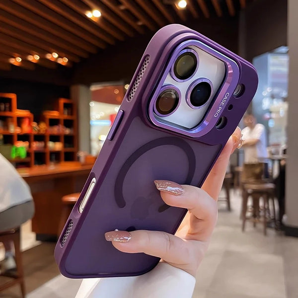 Purple translucent matte iPhone case showing magnetic ring and camera-safe raised edging