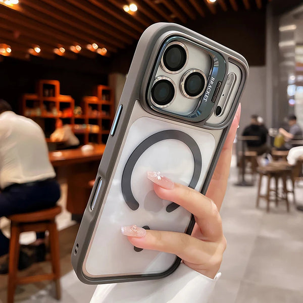 Matte translucent MagSafe bracket case in dark grey on an iPhone, showing the raised camera section