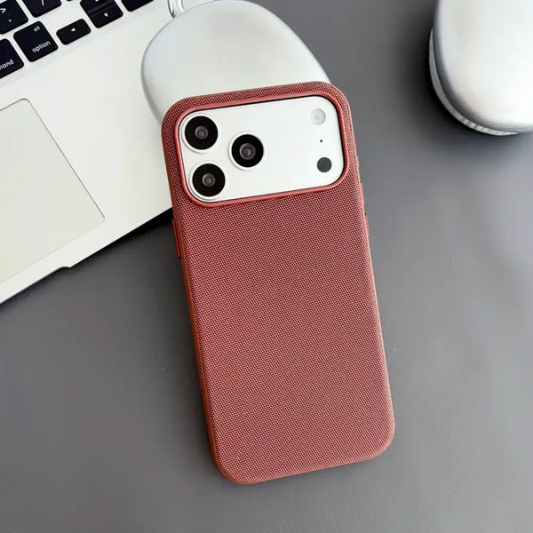 Red woven iPhone case showing the textured finish and fitted full-coverage profile