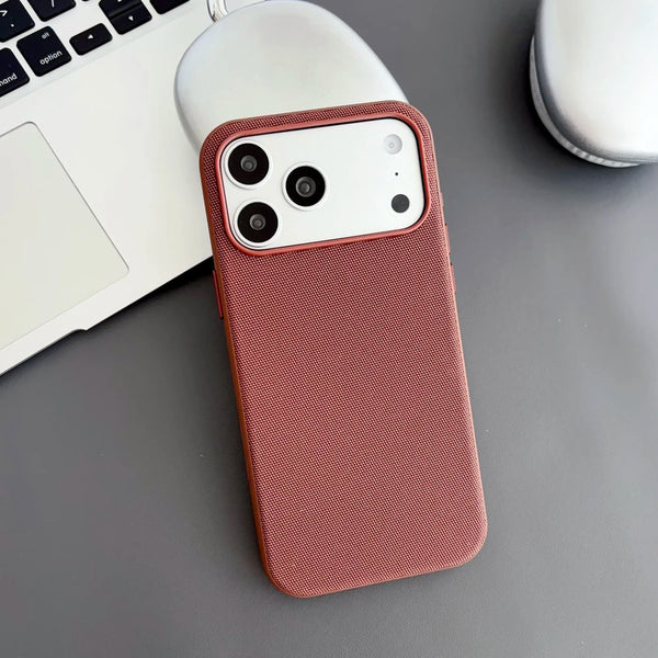 Red woven iPhone case showing the textured finish and fitted full-coverage profile