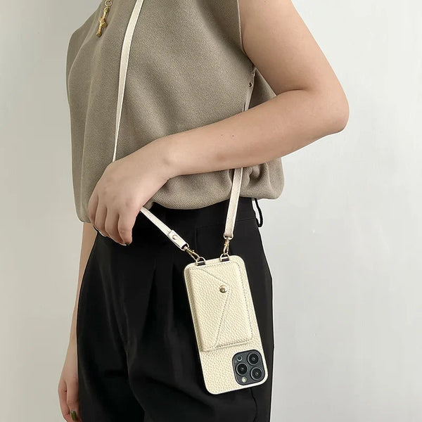 Leather Lanyard Card Holder Case for iPhone with Crossbody Strap