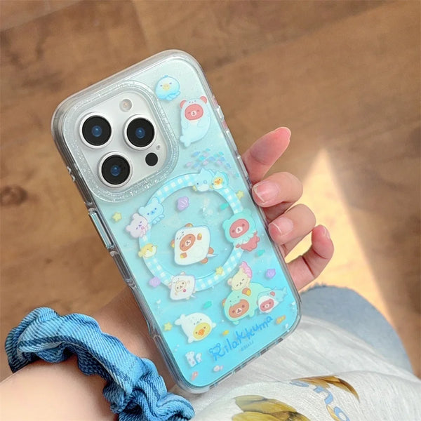 Close-up of clear MagSafe bear stand case on an iPhone with camera cutout
