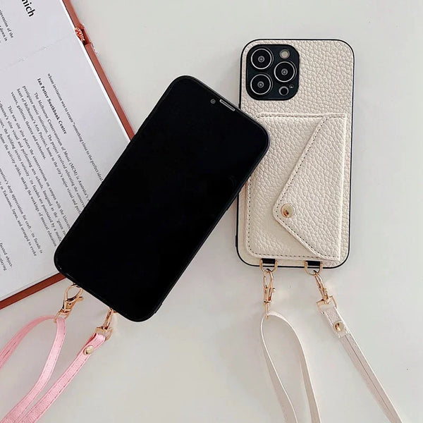 Black leather Lanyard Card Holder Case with strap