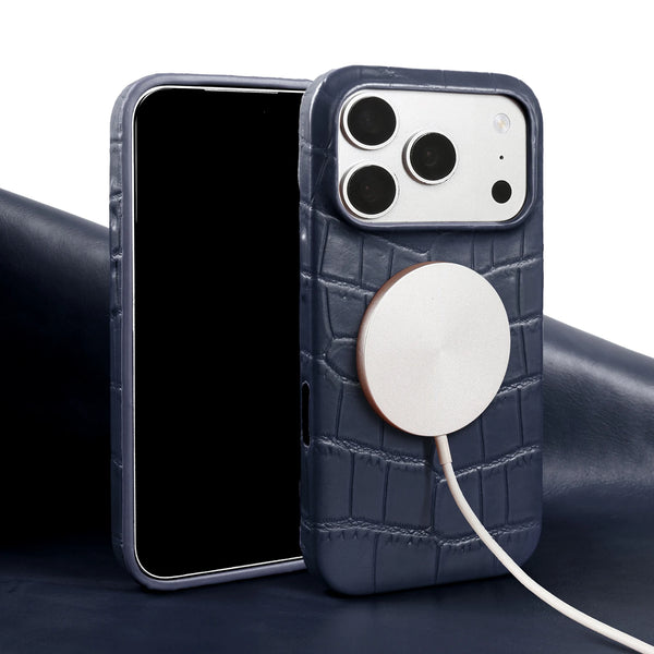 Blue leather MagSafe iPhone case displayed in a clean studio setup