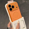 Orange MagSafe ripple case displayed in packaging with raised camera frame visible.