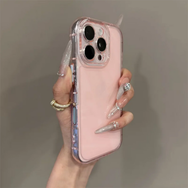 Pink clear iPhone case showing soft silicone sides and glossy back