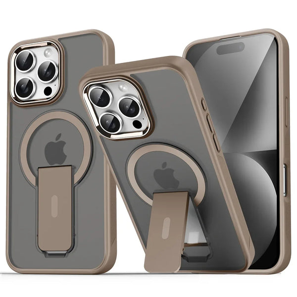 Matte translucent iPhone case with folding stand in bronze tone, shown front and back