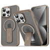 Matte translucent iPhone case with folding stand in bronze tone, shown front and back