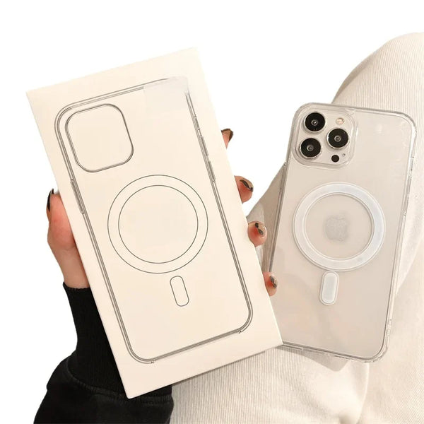 Clear magnetic iPhone case displayed beside its box to show the transparent fit