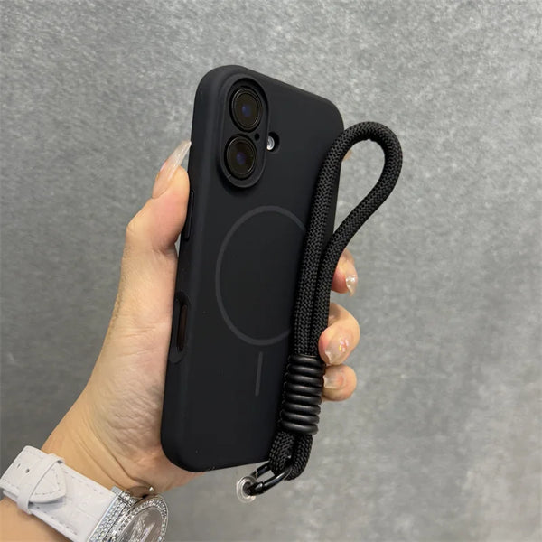 Black matte iPhone case with strap, shown with a clean minimal finish.