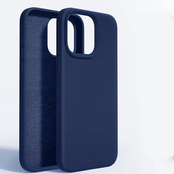 Navy blue silicone iPhone 14 case showing soft-touch finish and raised camera edge