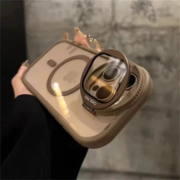 Beige transparent iPhone case showing matte finish, MagSafe ring, and fold-out stand