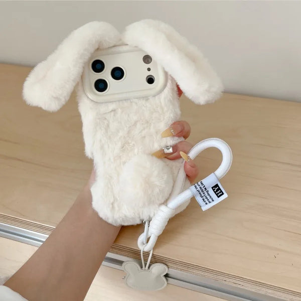 3D Cute Rabbit Ears Plush Phone Case With Lanyard