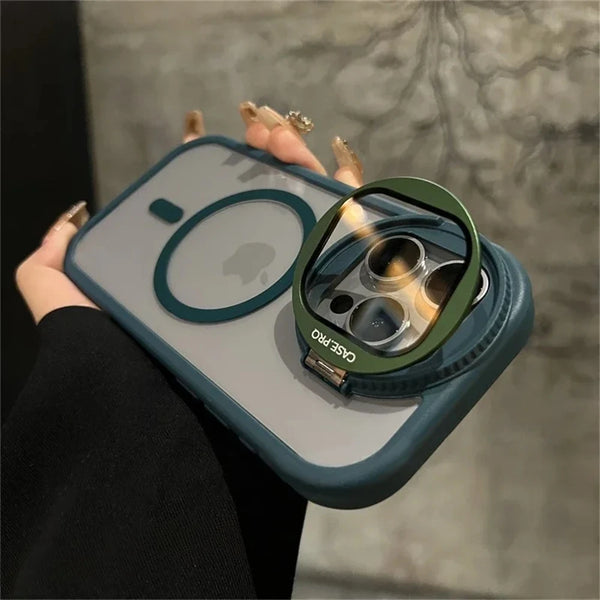 Green transparent iPhone case with MagSafe-ready support and flip bracket stand