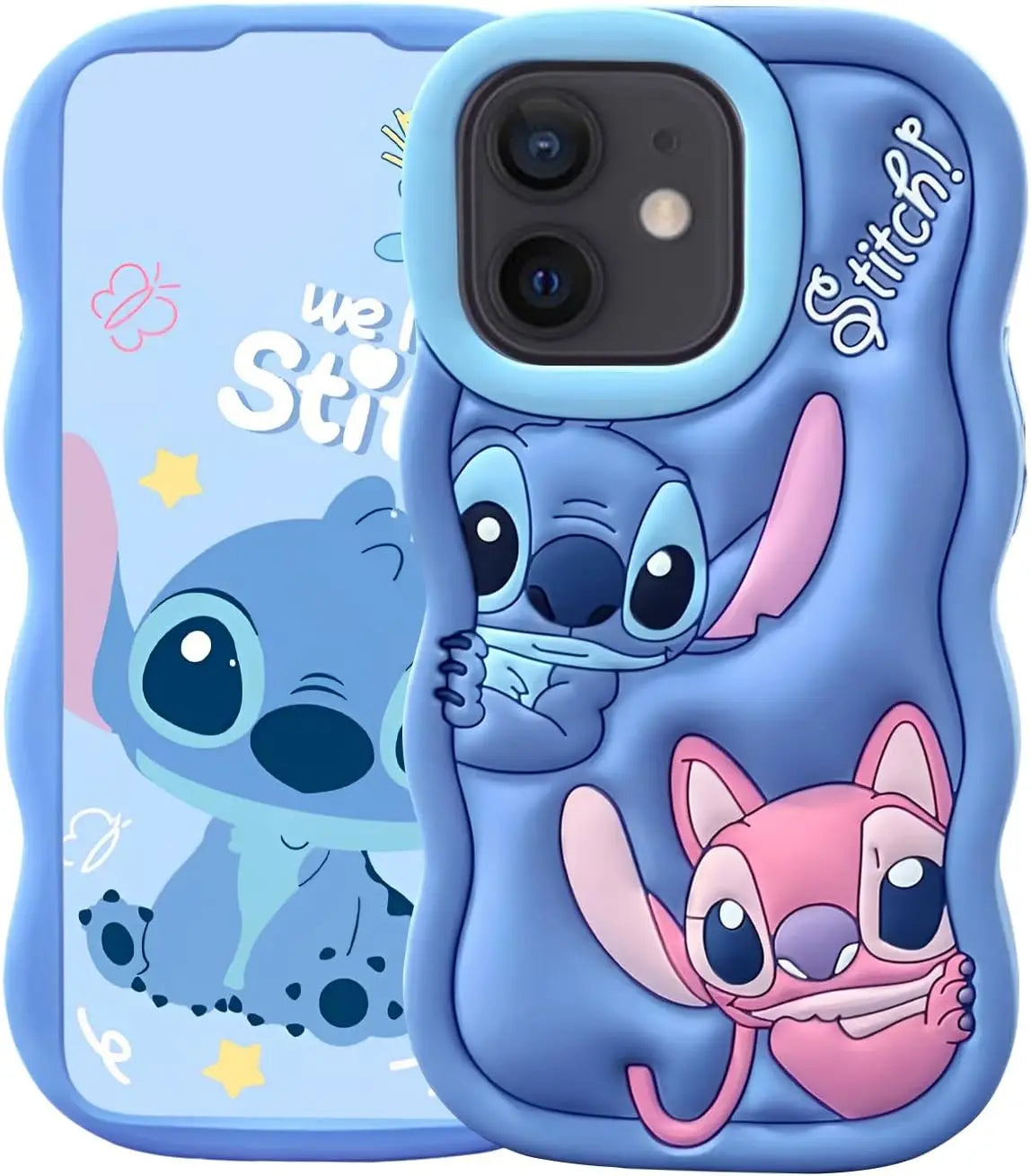Blue wave-stitch silicone iPhone case with Stitch character art, shown front view on a white background.