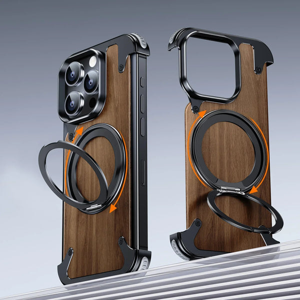 Walnut Wood MagSafe Case For iPhone 15 Pro Max - 360° Ring Stand