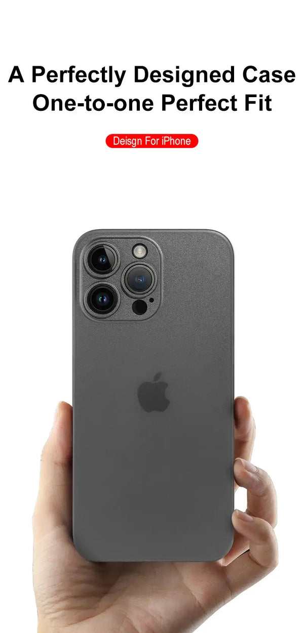 Hand holding a slim frosted matte iPhone case with a clean low-bulk feel