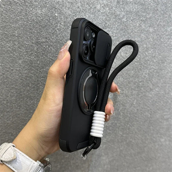 Black armor iPhone case with ring stand and lanyard support shown in hand
