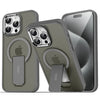 Matte translucent iPhone case with folding stand in dark gray finish, shown front and back