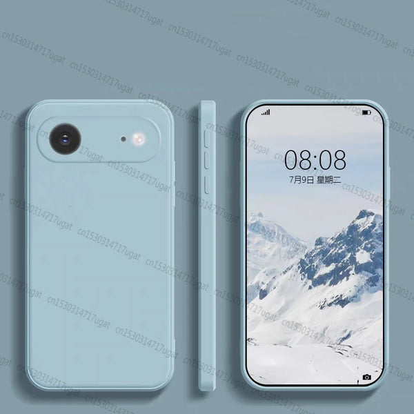Light blue liquid silicone iPhone 17 Air case showing slim profile and raised camera edge