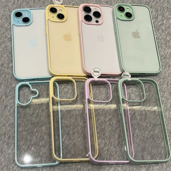 Pastel clear iPhone case with blue bumper shown from the back